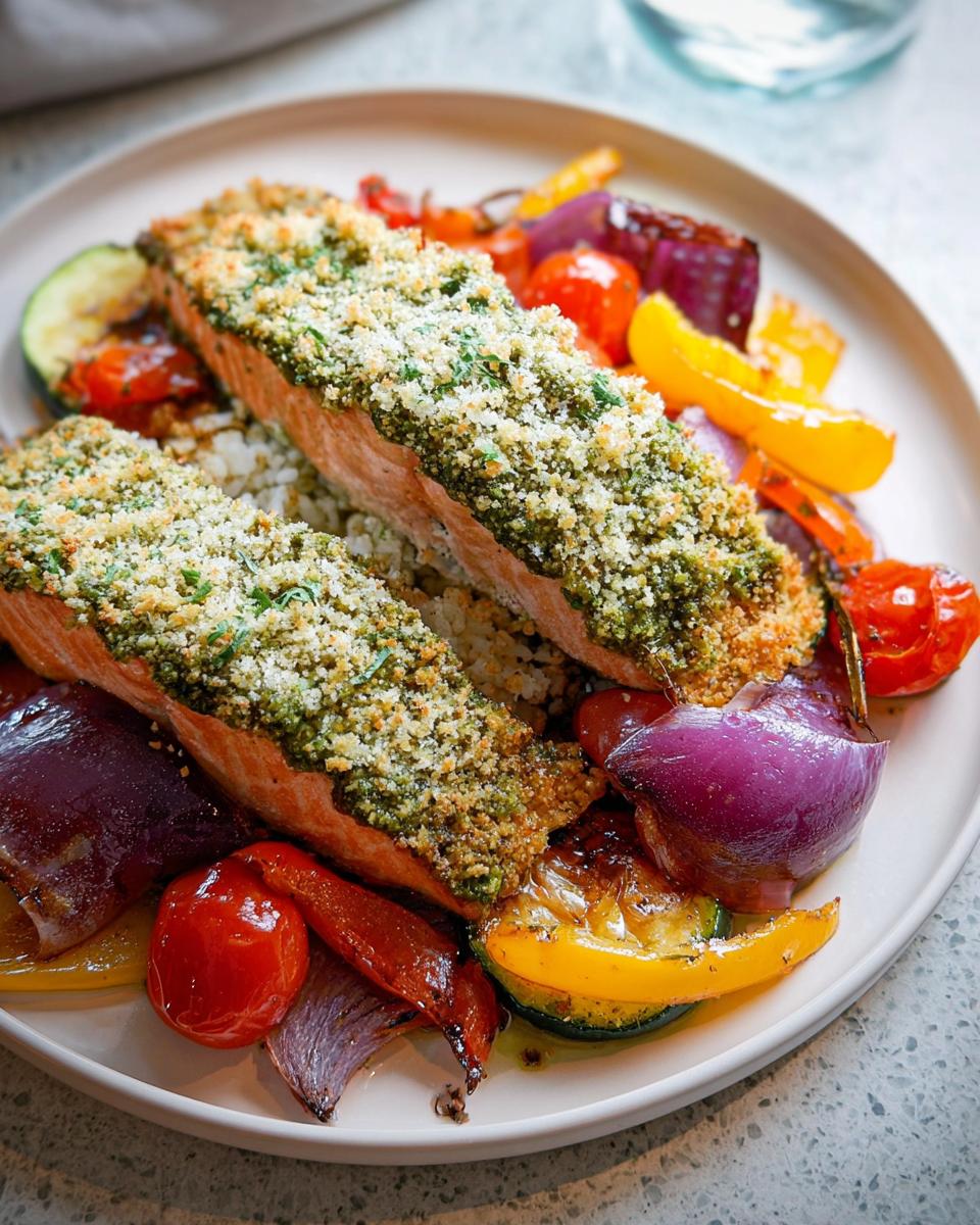 Two fillets of Pesto Salmon with Roasted Veggies served over rice on a light plate.