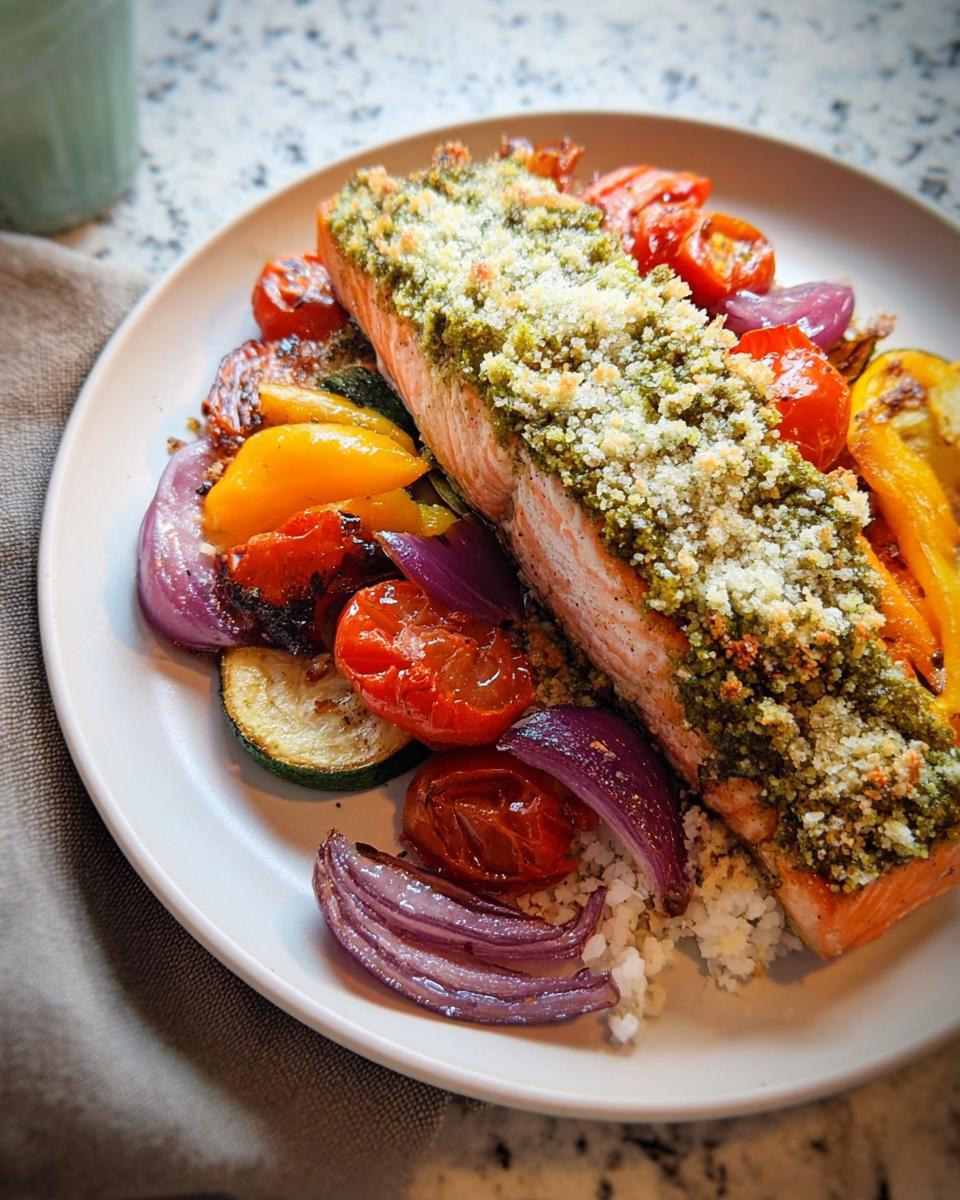 A fillet of Pesto Salmon with Roasted Veggies, topped with a crunchy breadcrumb crust, served on a white plate.