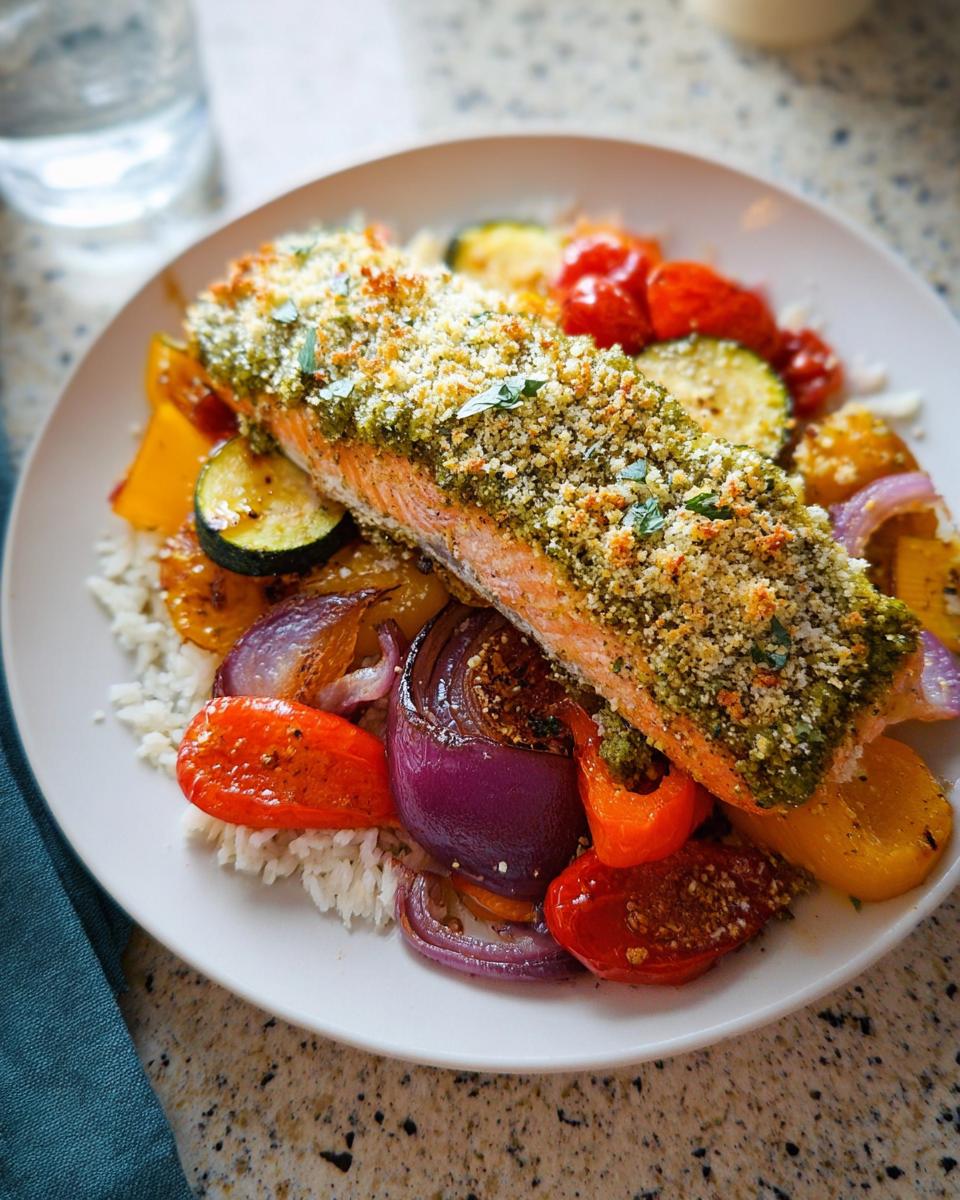 A perfectly cooked fillet of Pesto Salmon with Roasted Veggies served over white rice on a white plate.