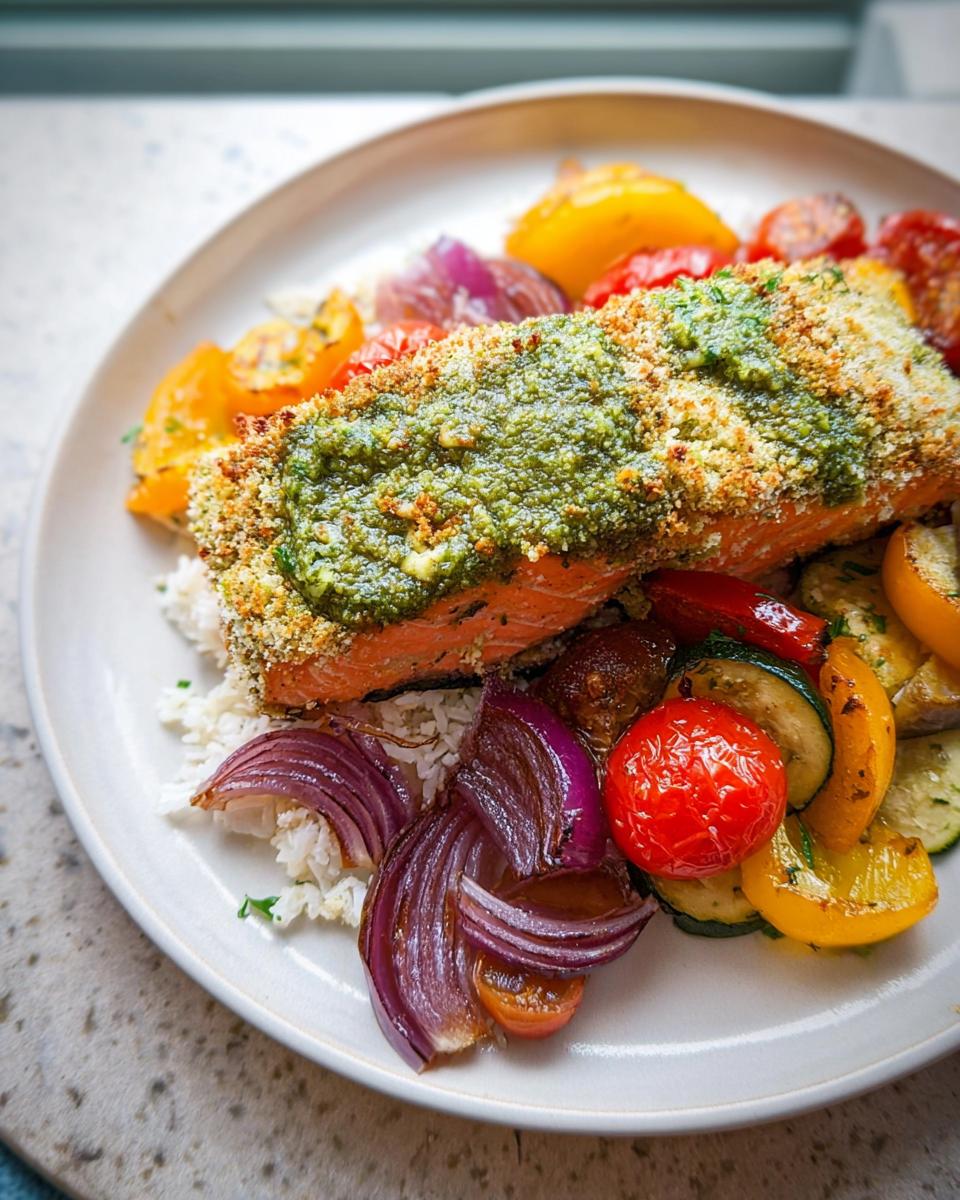A fillet of Pesto Salmon with Roasted Veggies served over white rice on a light plate.