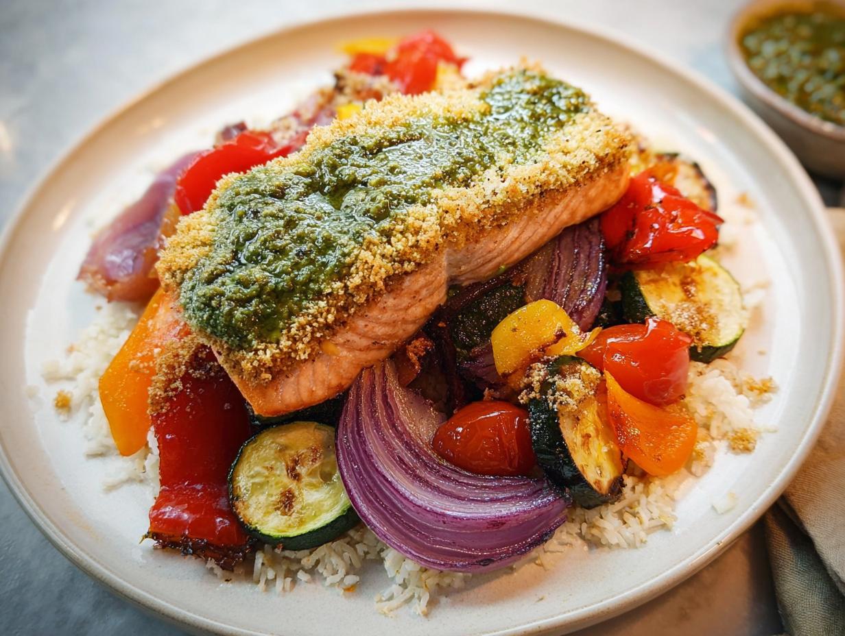 A serving of Pesto Salmon with Roasted Veggies, topped with breadcrumbs, served over white rice on a light plate.