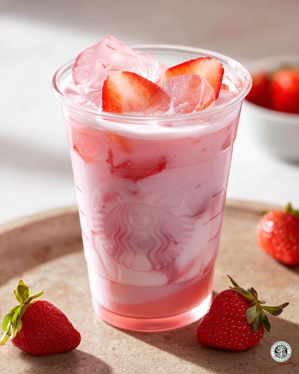A refreshing pink strawberry drink in a Starbucks cup, topped with ice and fresh strawberry slices. Part of 5-Ingredient Starbucks Drinks.
