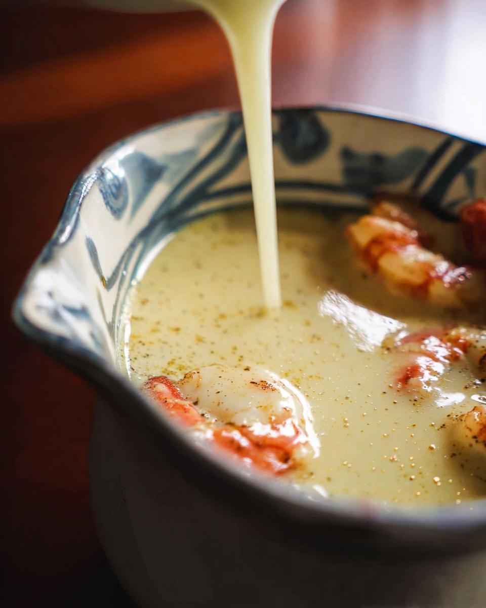 Thick Champagne Cream Sauce for Seafood being poured over cooked shrimp in a decorative bowl.