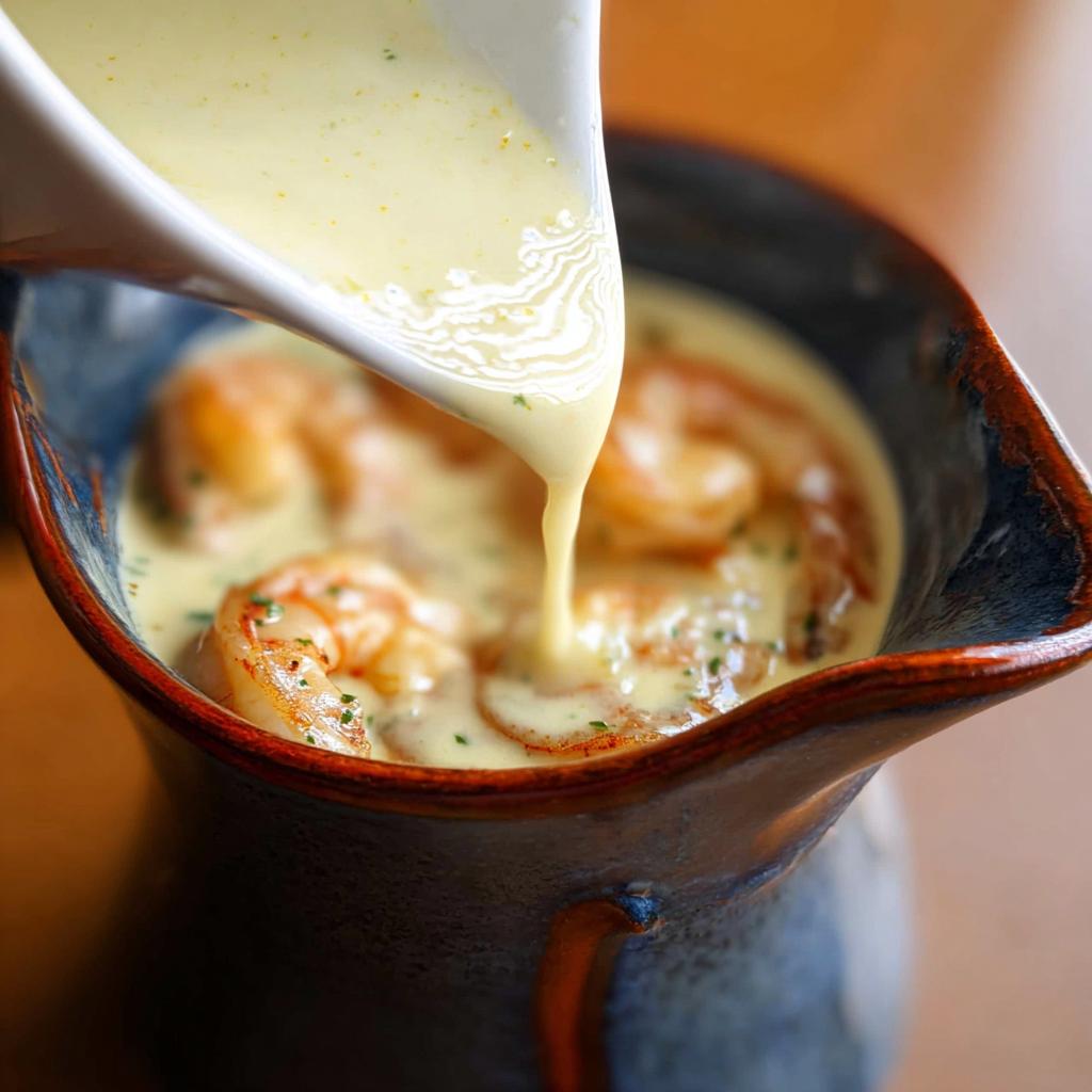 Pouring rich Champagne Cream Sauce for Seafood over cooked shrimp in a rustic blue bowl.