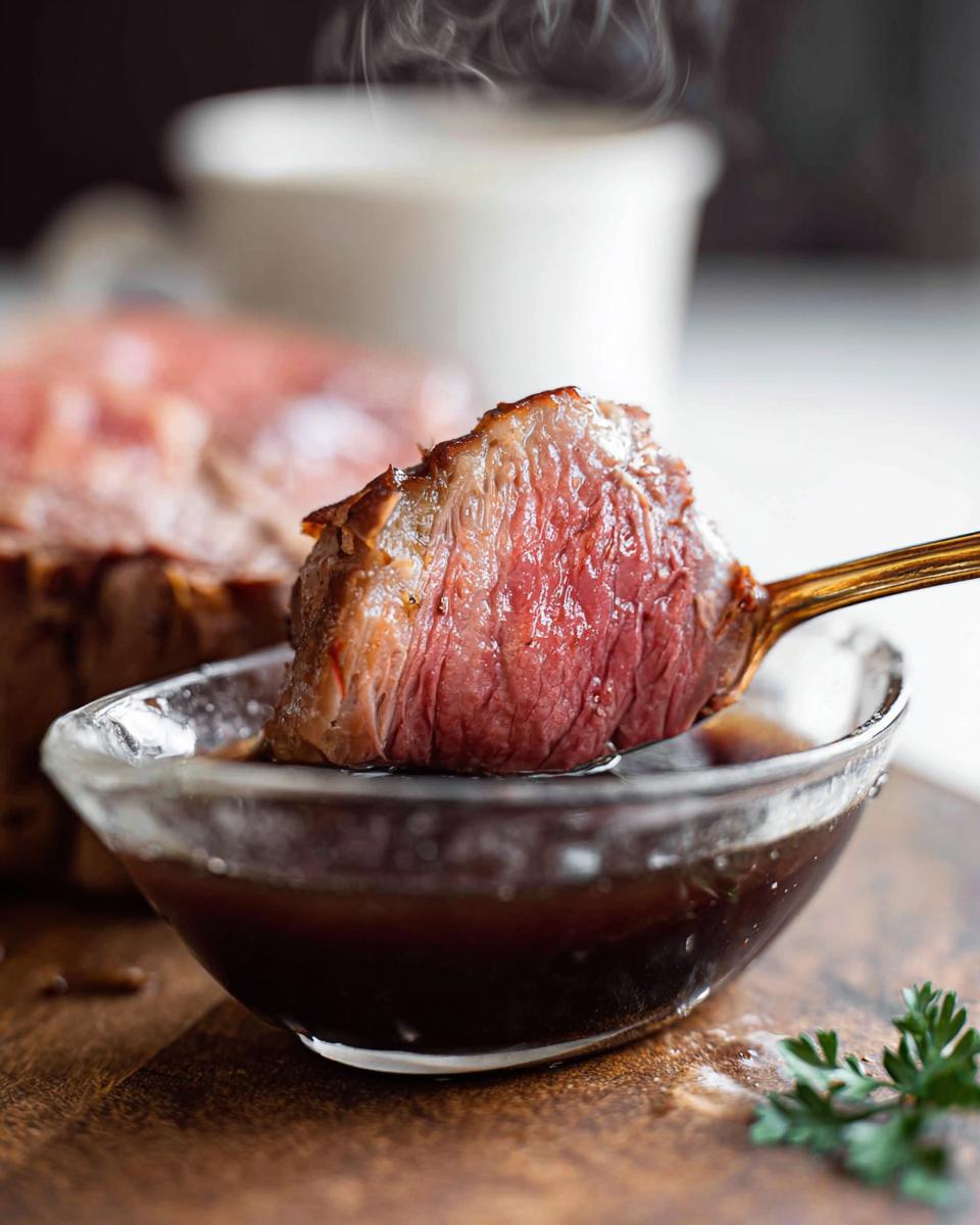 A perfectly cooked slice of medium-rare prime rib being dipped into rich, steaming Prime Rib Au Jus Recipe sauce.