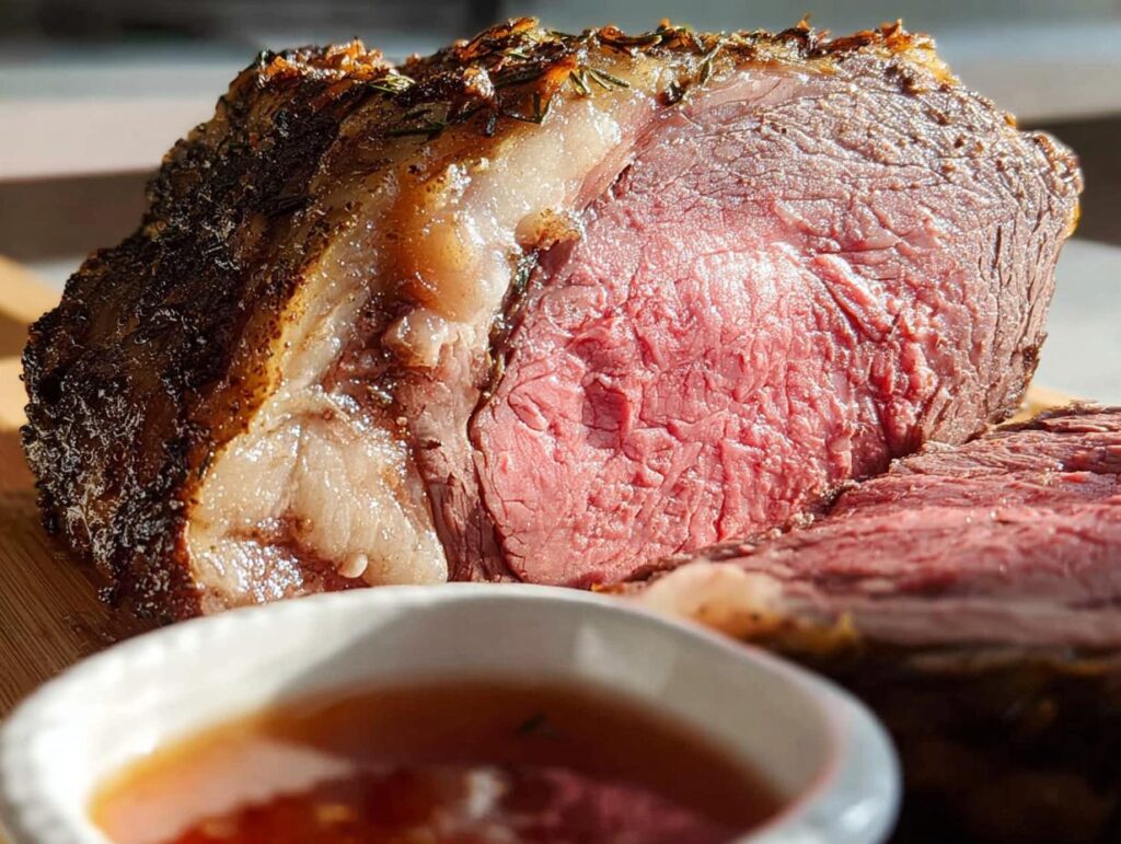 Close-up of a perfectly cooked Prime Rib Au Jus, showing a medium-rare pink interior and a seasoned crust, with a small bowl of jus in the foreground.
