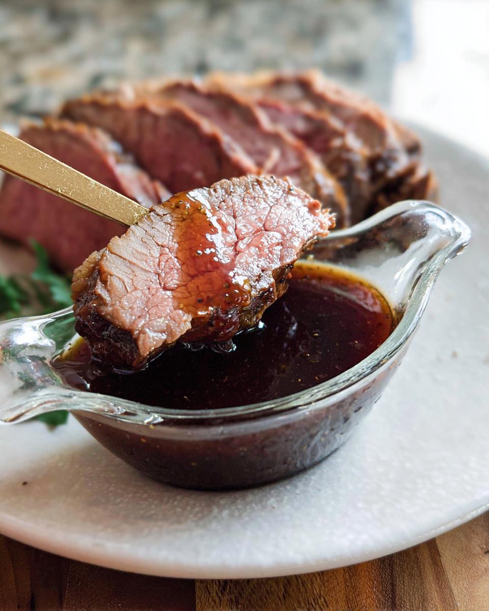A slice of medium-rare prime rib being dipped into a small glass gravy boat of rich Prime Rib Au Jus Recipe sauce.