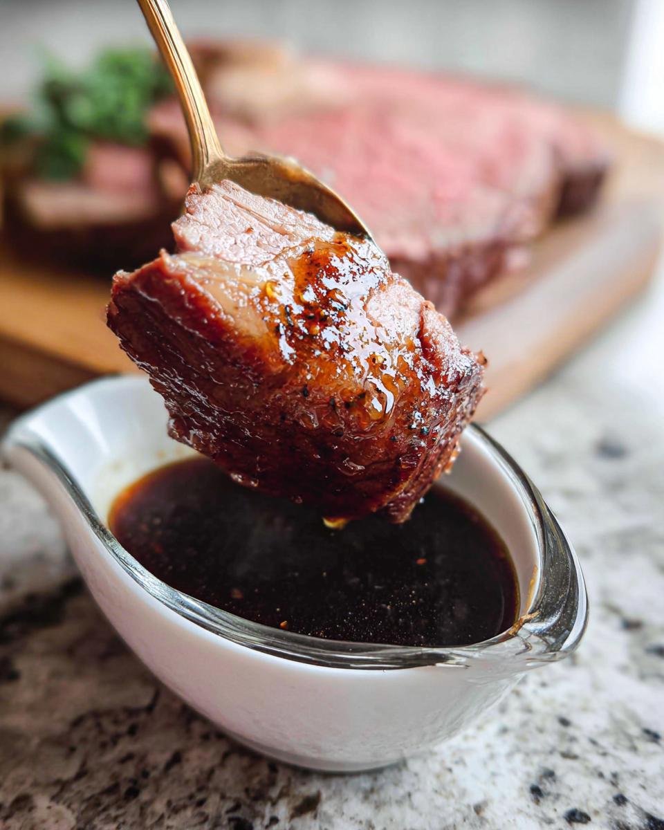 A piece of perfectly cooked prime rib being dipped into rich, dark au jus sauce using a gold spoon.