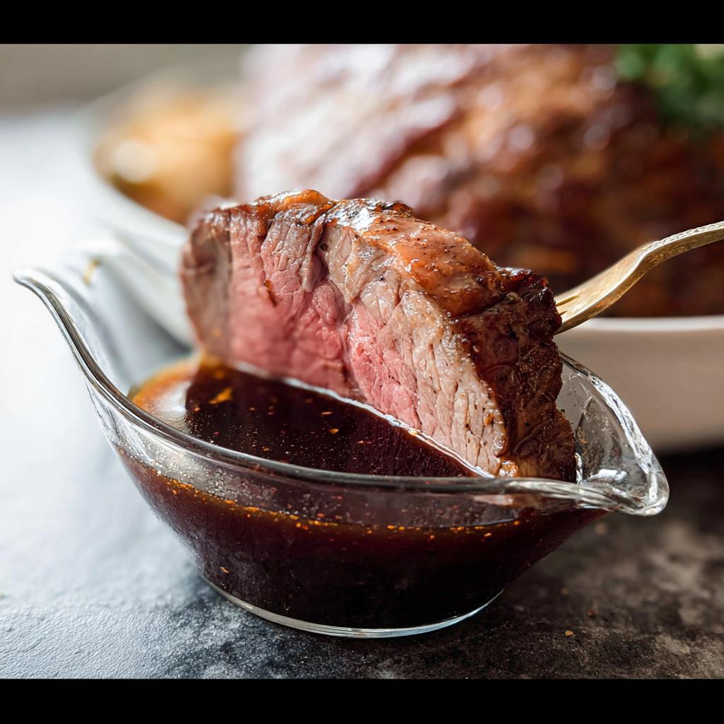 A slice of medium-rare prime rib being dipped into rich, dark Prime Rib Au Jus Recipe sauce in a glass gravy boat.