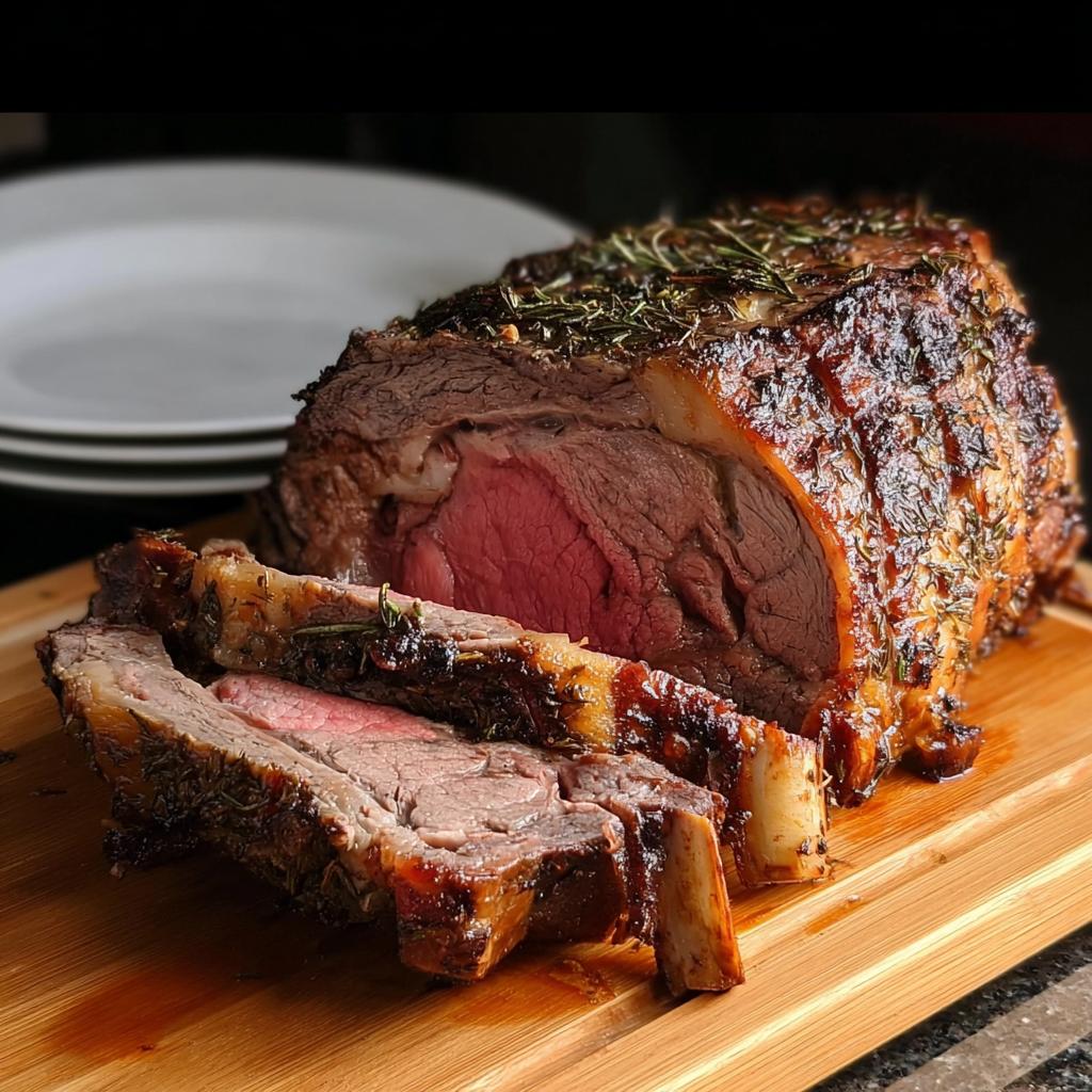 A beautifully roasted and sliced Prime Rib for Christmas Dinner, showing a medium-rare center and herb crust.