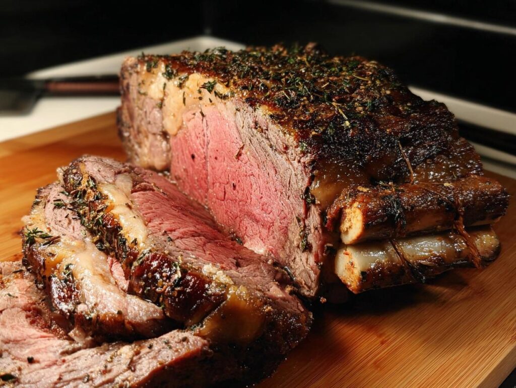 A beautifully roasted Prime Rib for Christmas Dinner, sliced to show a perfect medium-rare center and herb crust.