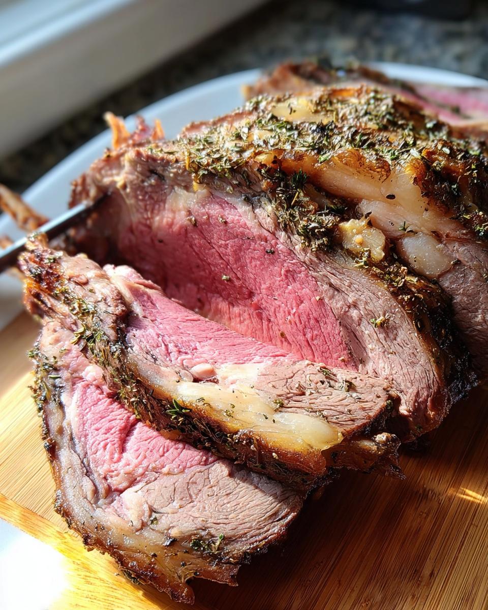 Slices of medium-rare Prime Rib in a Roaster Oven showing a pink center and herb crust.