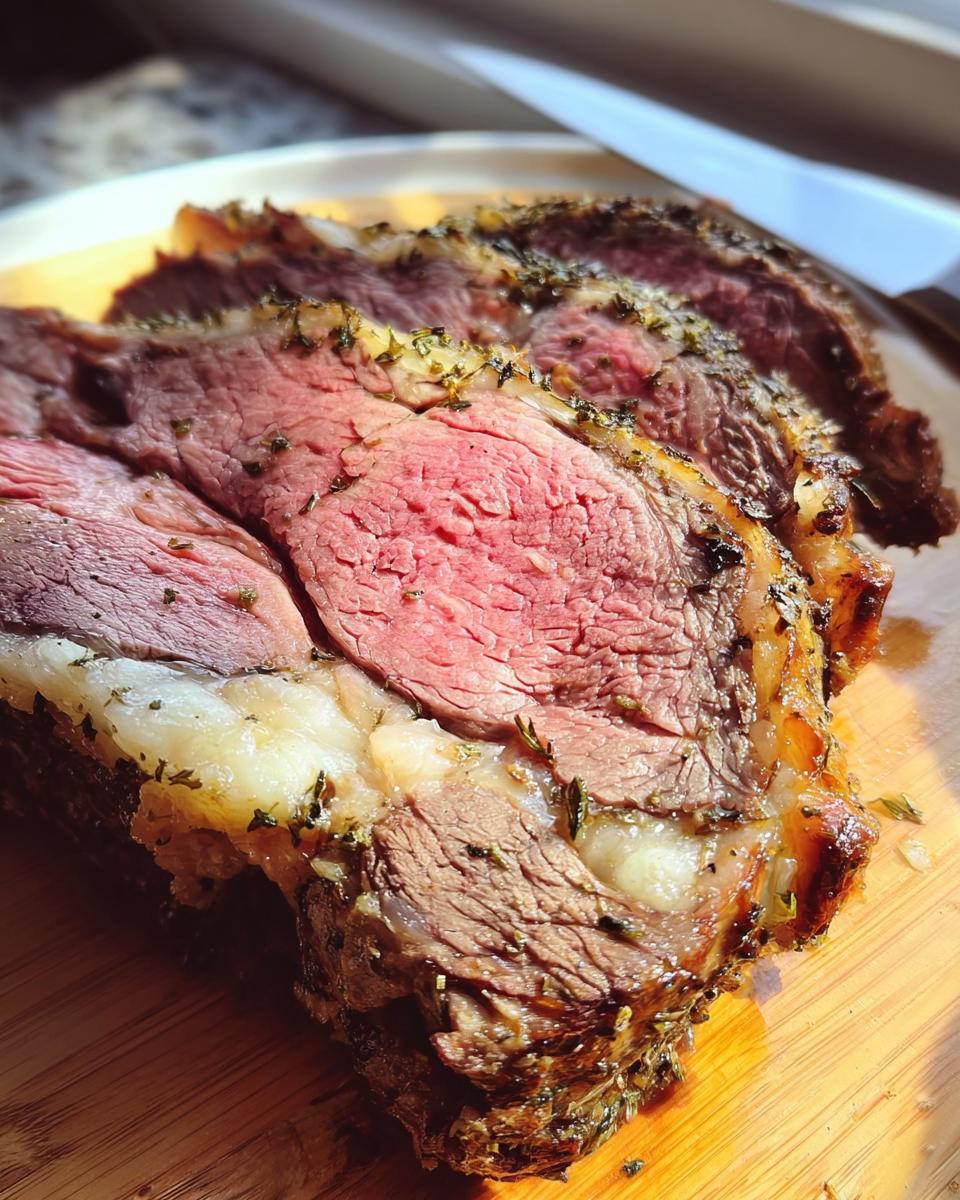 Close-up of thick slices of tender Prime Rib in a Roaster Oven, showing a perfect medium-rare center and herb crust.
