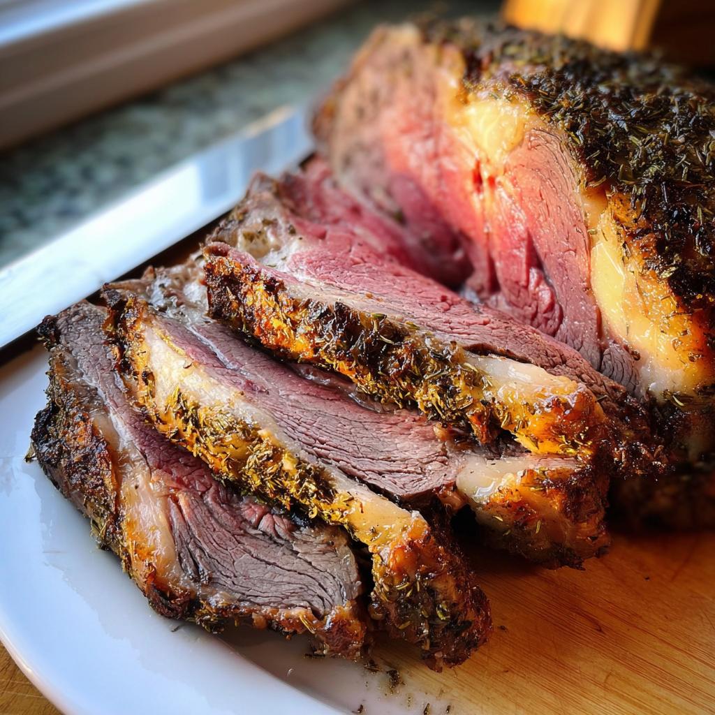 Close-up of thick slices of medium-rare Prime Rib in a Roaster Oven, showing a dark herb crust.