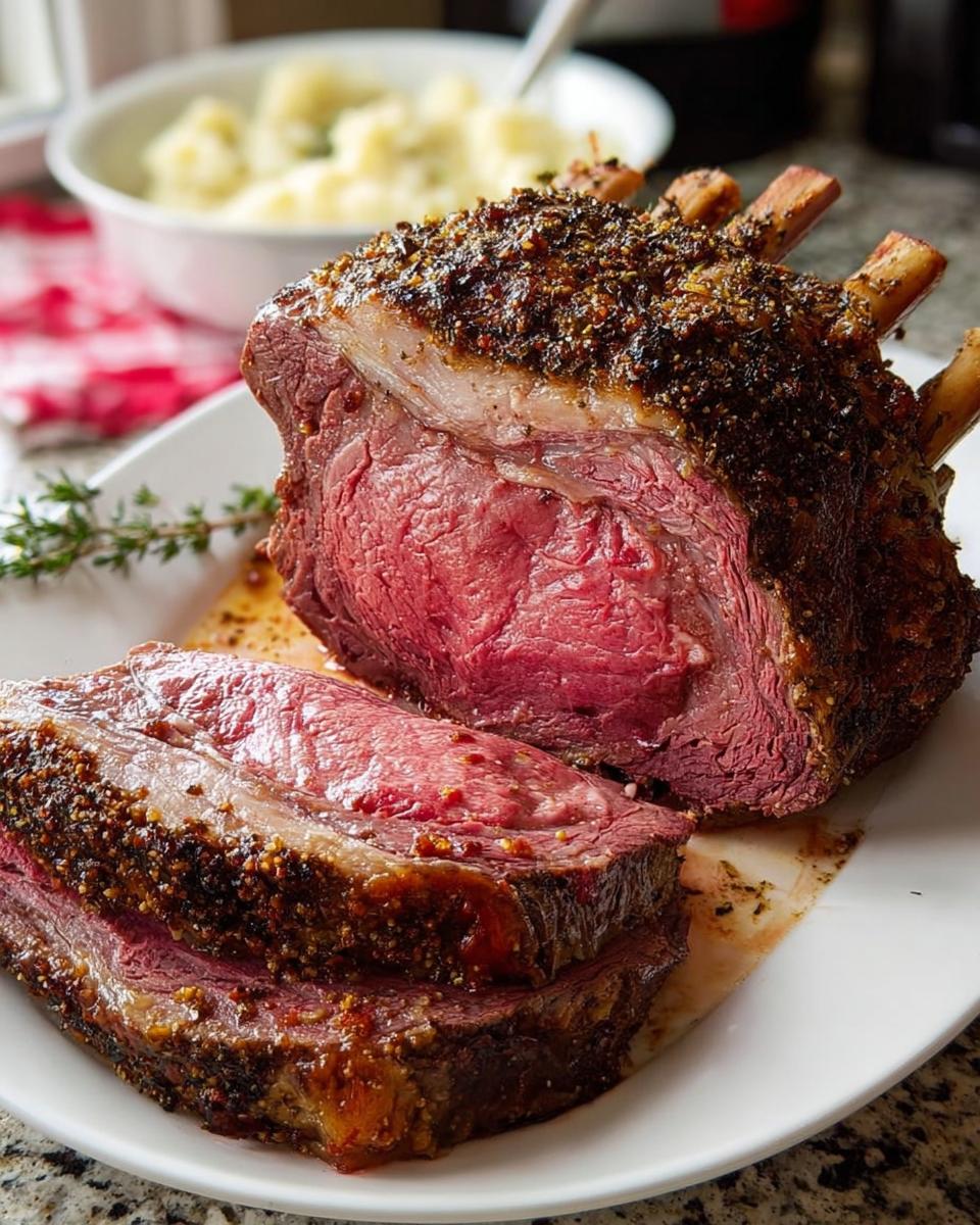 A beautifully roasted Prime Rib, sliced to show a medium-rare center and thick herb crust.