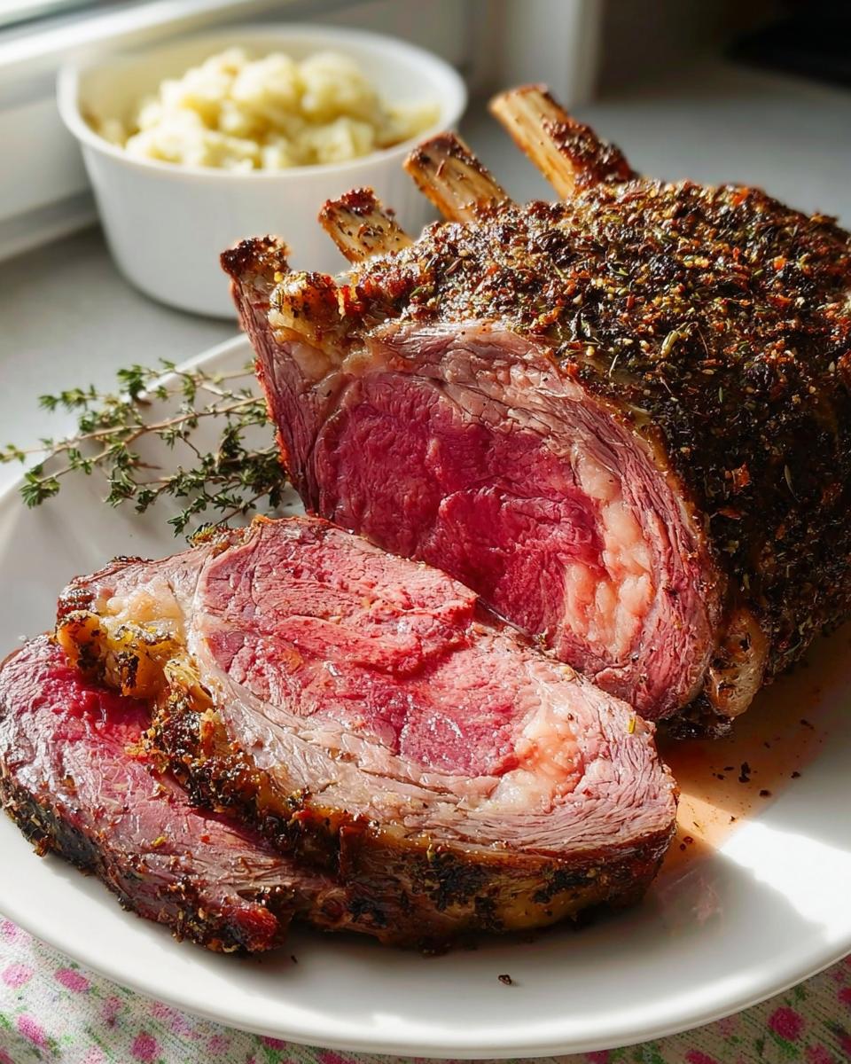 A beautifully roasted Prime Rib, sliced to show a juicy, medium-rare center and thick herb crust.