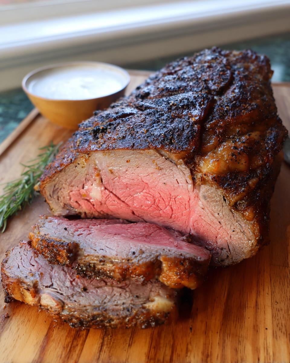 A beautifully roasted prime rib roast, sliced to show a perfect medium-rare center, served with au jus.