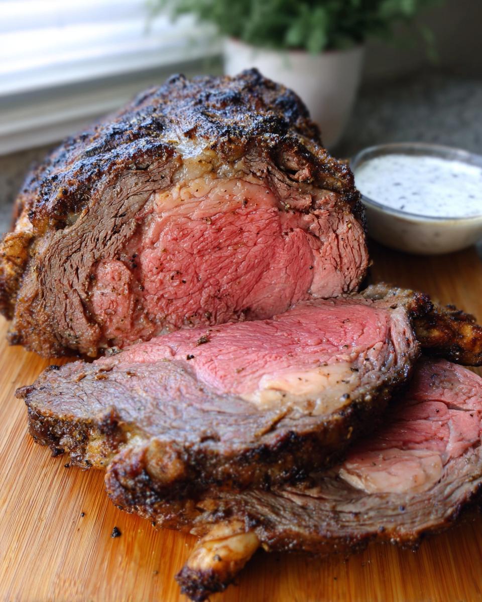 A beautifully roasted prime rib, sliced to show a perfect medium-rare center, next to a small bowl of horseradish sauce.