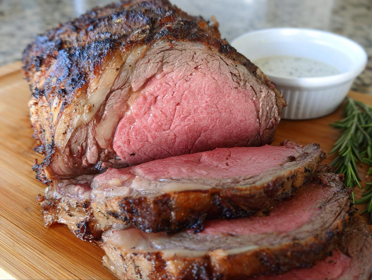 A beautifully roasted prime rib roast sliced to show a perfect medium-rare center, served with horseradish sauce.