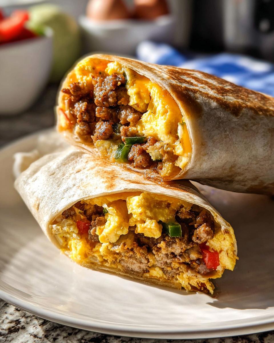 A close-up of two halves of a Protein-Packed Breakfast Burrito showing scrambled eggs and sausage filling.