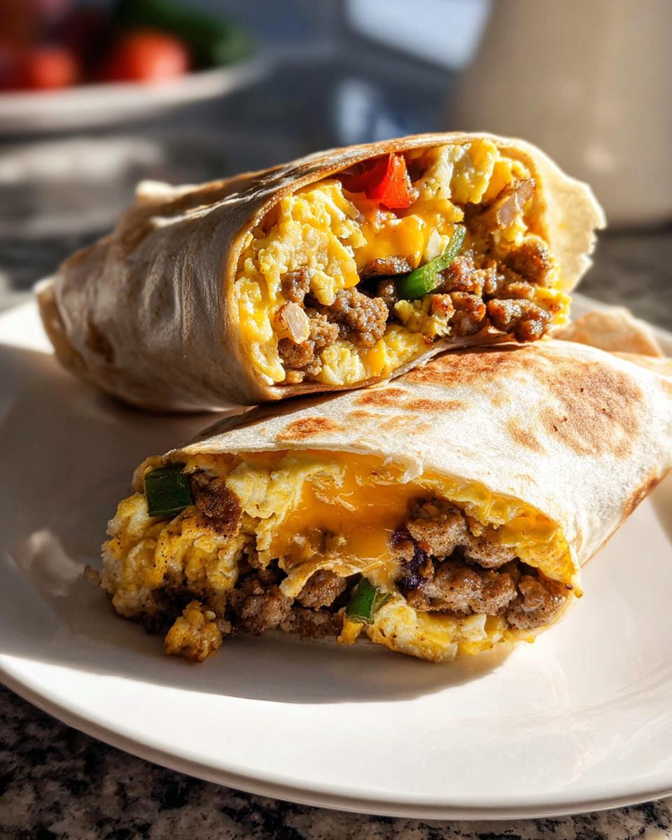 Two halves of a Protein-Packed Breakfast Burrito cut open, revealing scrambled eggs, sausage, cheese, and peppers.
