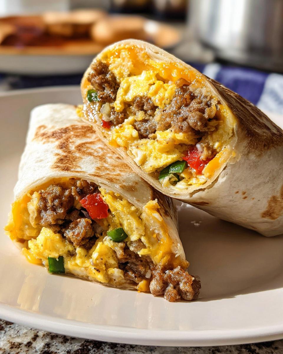 Close-up of a Protein-Packed Breakfast Burrito cut in half, showing scrambled eggs, sausage, cheese, and peppers.