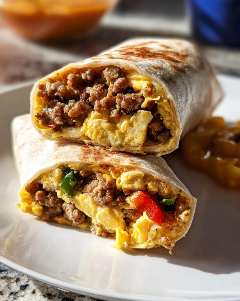 Cross-section of two halves of a Protein-Packed Breakfast Burrito showing scrambled eggs, seasoned ground meat, and peppers.