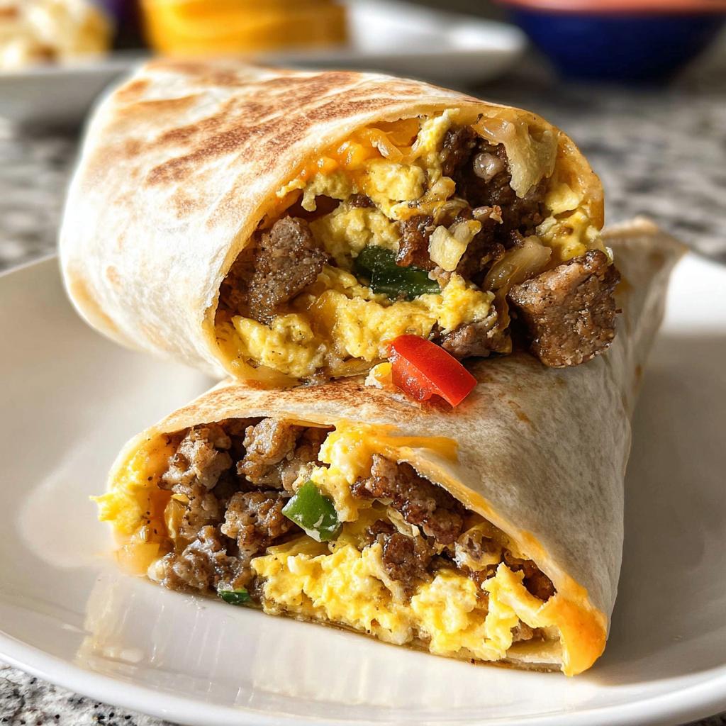Cross-section view of a toasted tortilla filled with scrambled eggs, sausage, and peppers for Protein-Packed Breakfast Burritos.