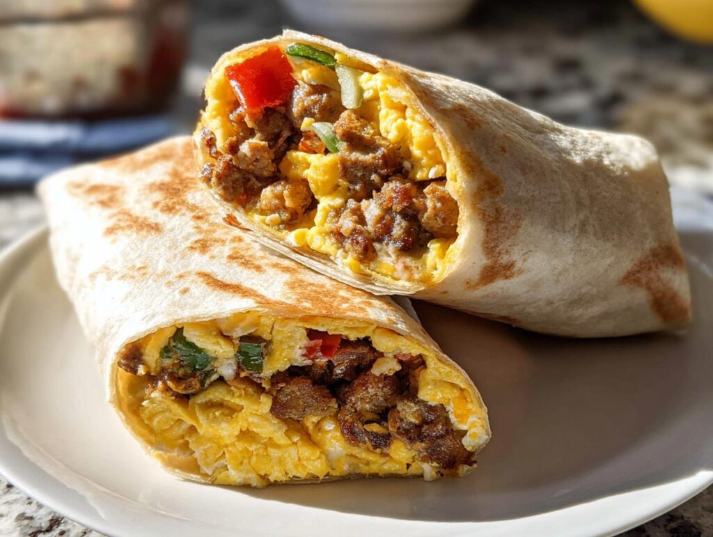 Two halves of a freshly made Protein-Packed Breakfast Burrito, showing scrambled eggs, sausage, and peppers inside a toasted tortilla.