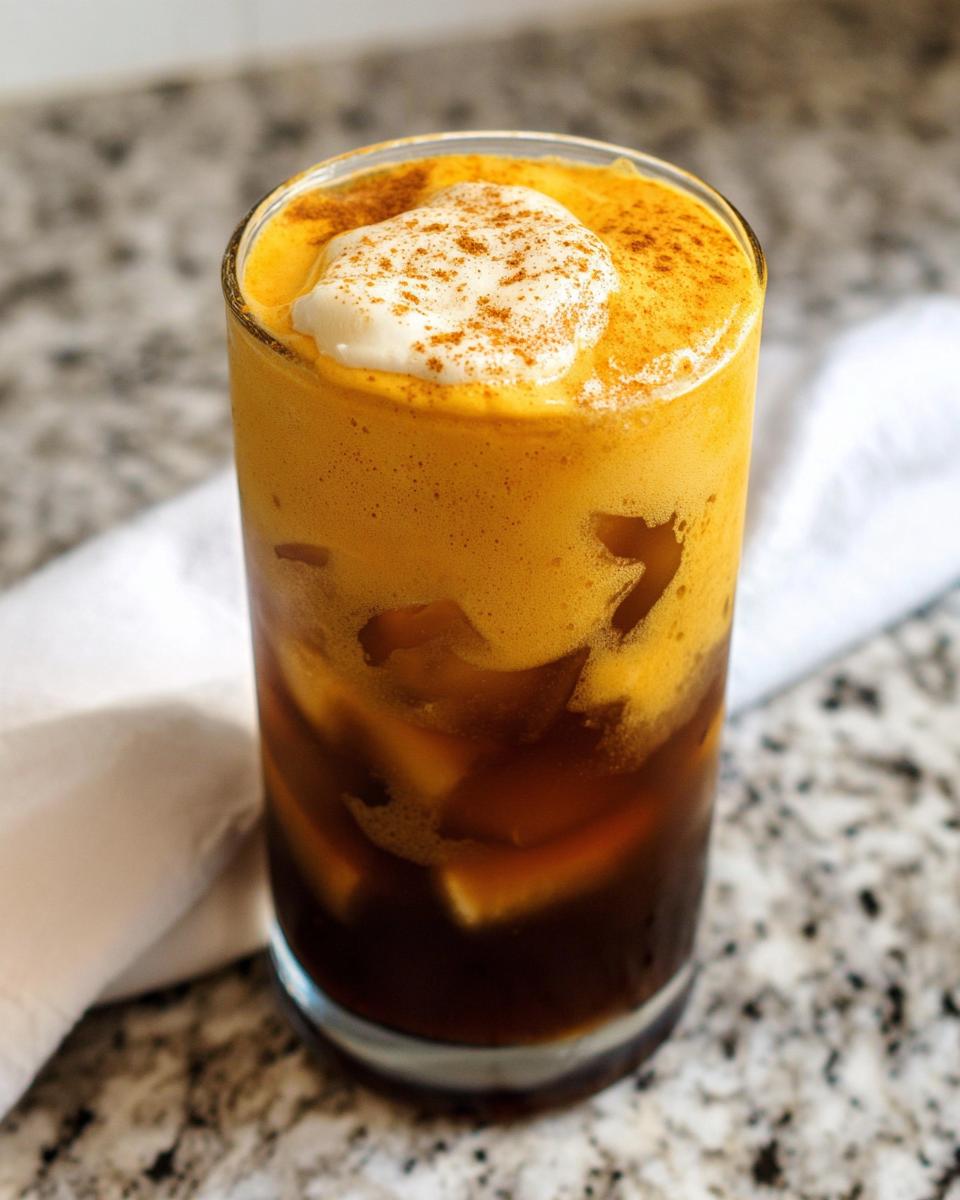 A tall glass filled with Pumpkin Cream Cold Brew, showing layers of dark coffee and thick orange foam topped with cream and cinnamon.
