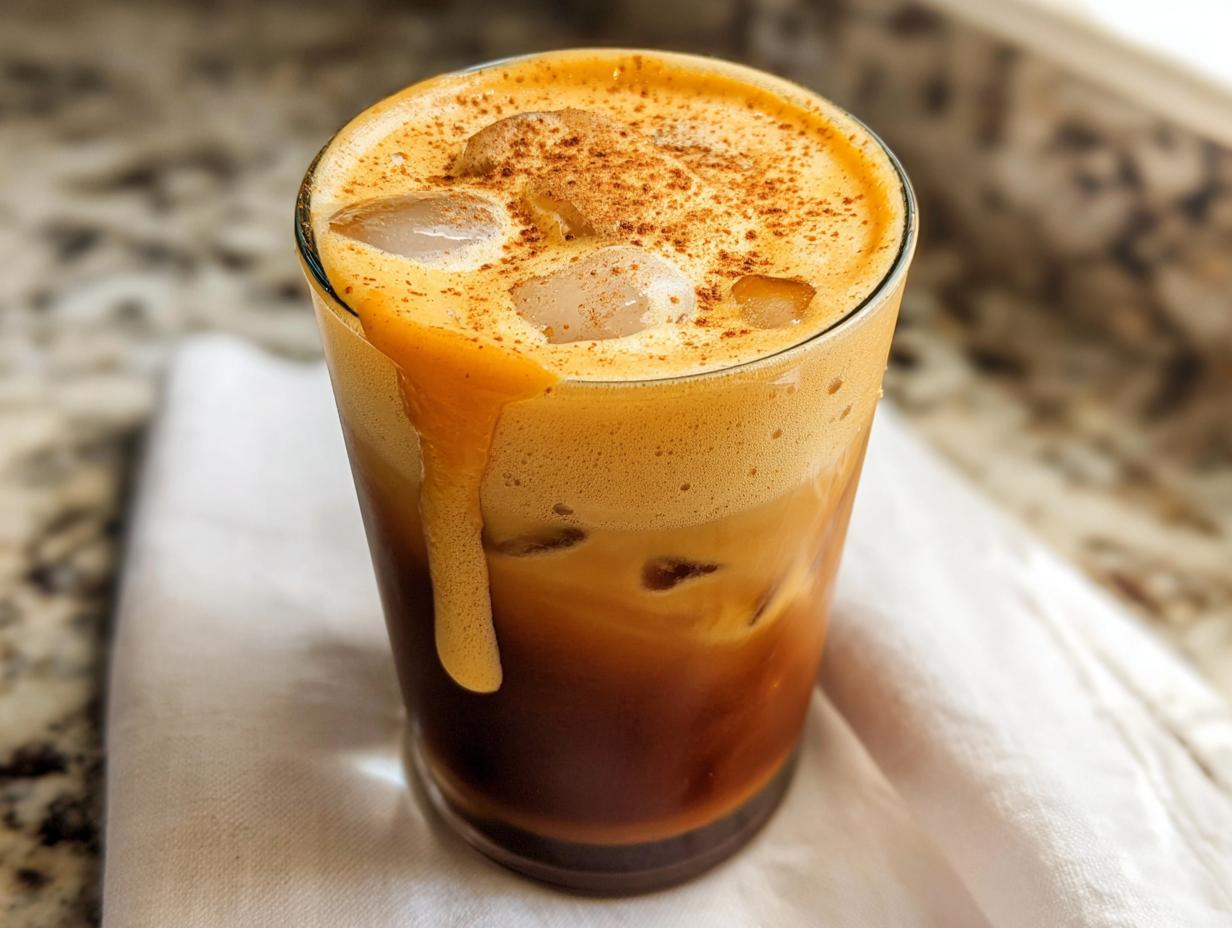 A refreshing glass of Pumpkin Cream Cold Brew (Copycat) with thick foam, ice, and cinnamon dusting.