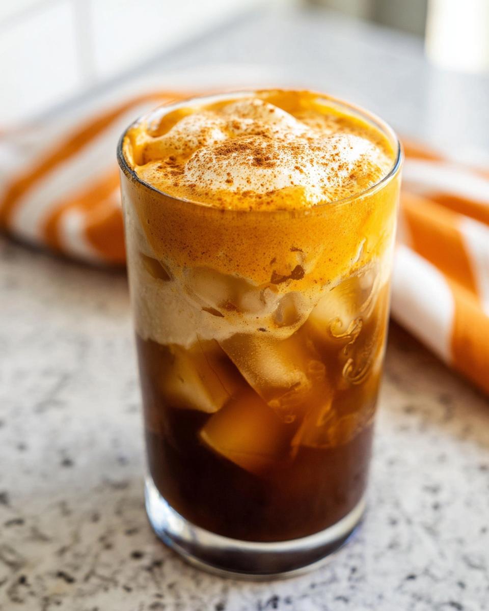A tall glass filled with ice, dark cold brew coffee, and topped with thick, frothy orange pumpkin cream dusted with cinnamon for a Pumpkin Cream Cold Brew (Copycat).
