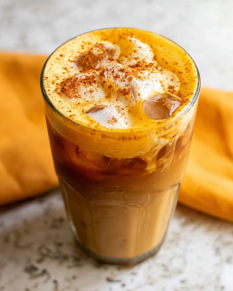 Close-up of a tall glass filled with iced Pumpkin Cream Cold Brew topped with thick foam and a dusting of cinnamon.