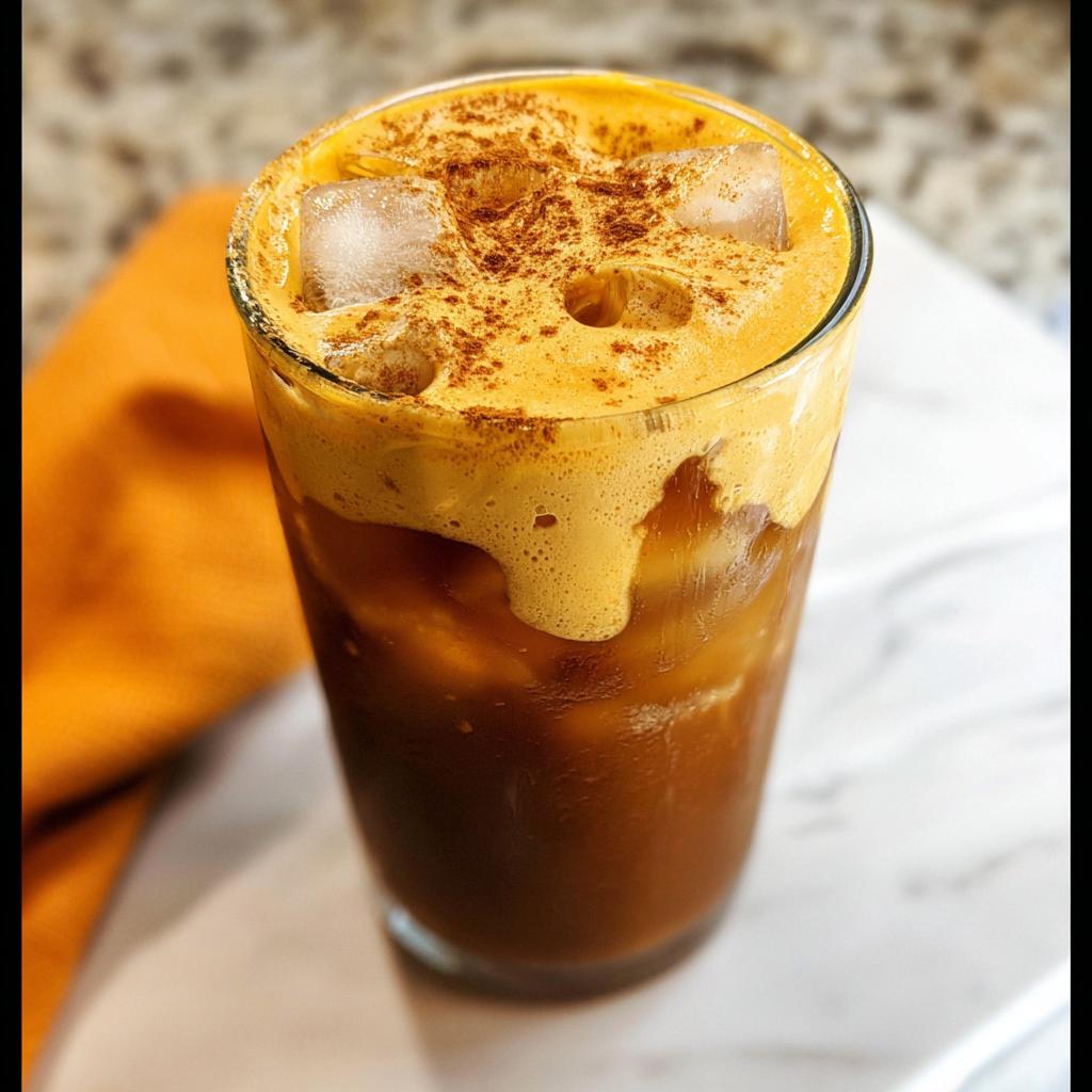 A tall glass of iced Pumpkin Cream Cold Brew topped with thick orange foam and sprinkled with cinnamon.