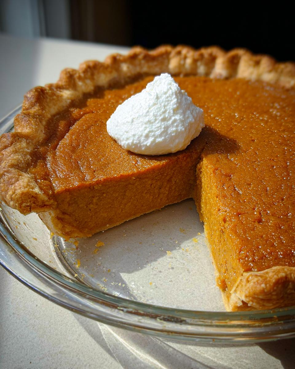 A slice of pumpkin pie topped with whipped cream, ready for Thanksgiving.