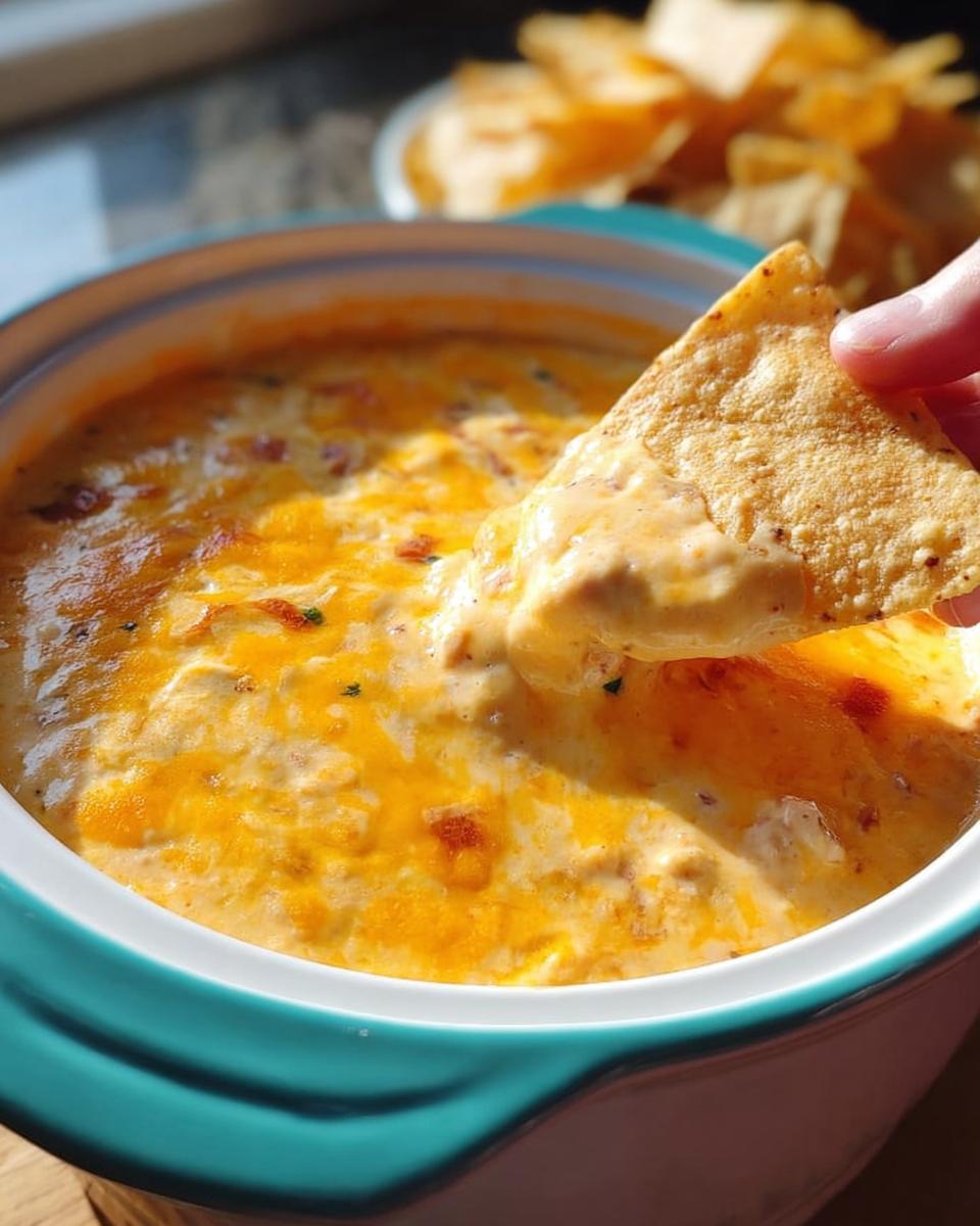 A hand dips a tortilla chip into a bowl of hot, cheesy Queso Dip, showing its creamy texture.