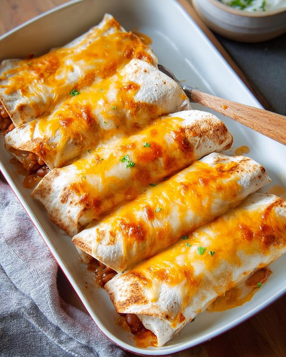 Close-up of baked bean enchiladas topped with melted cheese, perfect for quick dinner ideas in 20 minutes.