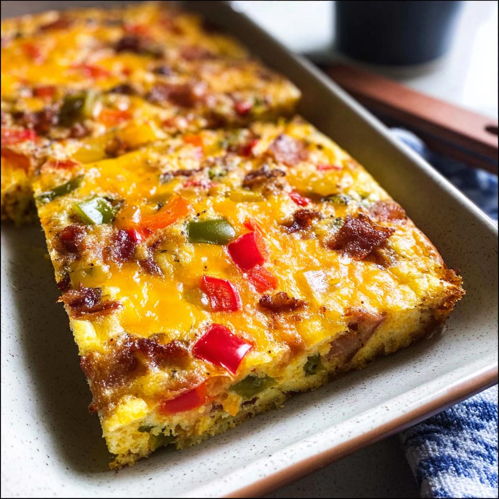 Close-up of a square slice of Quick Breakfast Casserole topped with melted cheddar, bacon, and colorful bell peppers.