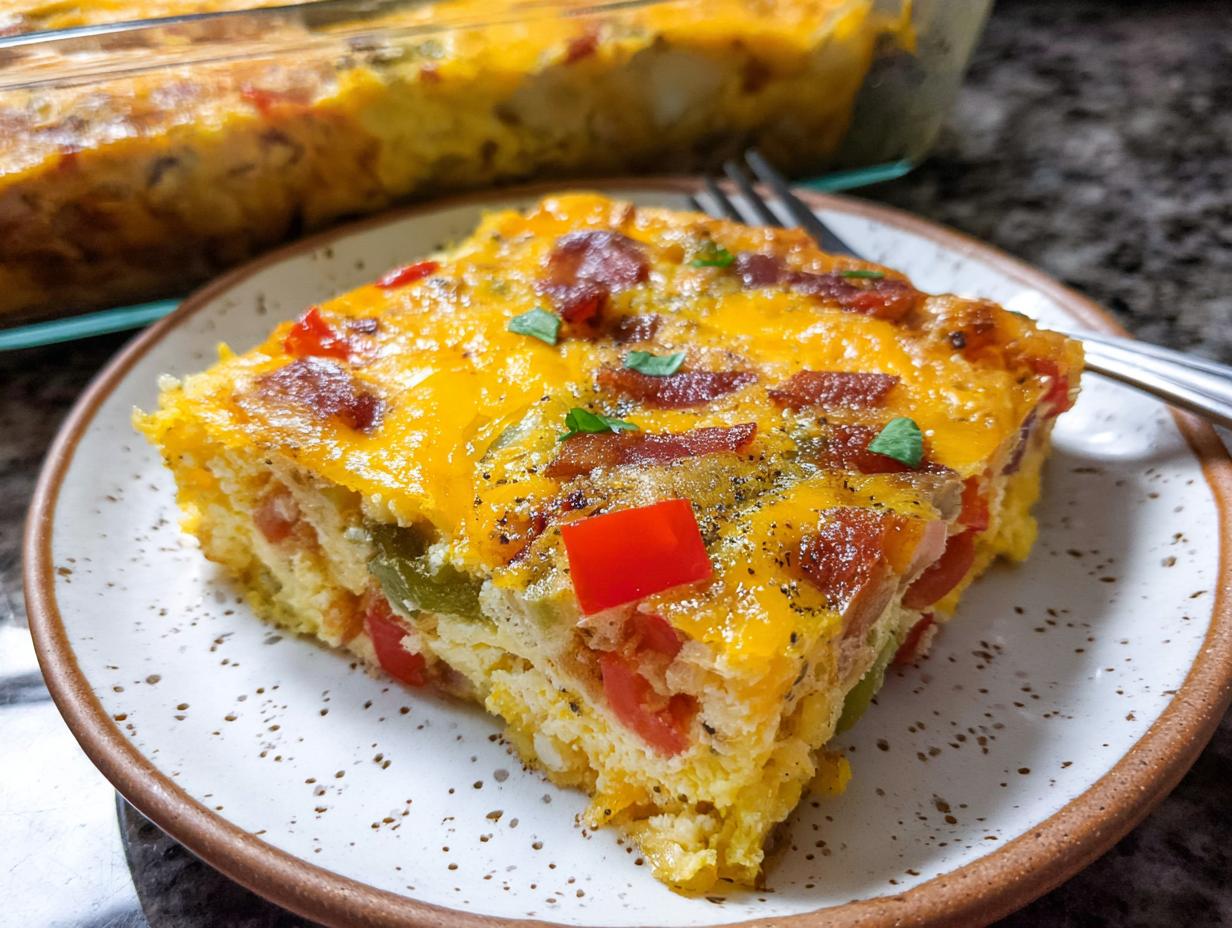 A square slice of Quick Breakfast Casserole topped with melted cheddar, bacon, and peppers on a speckled plate.