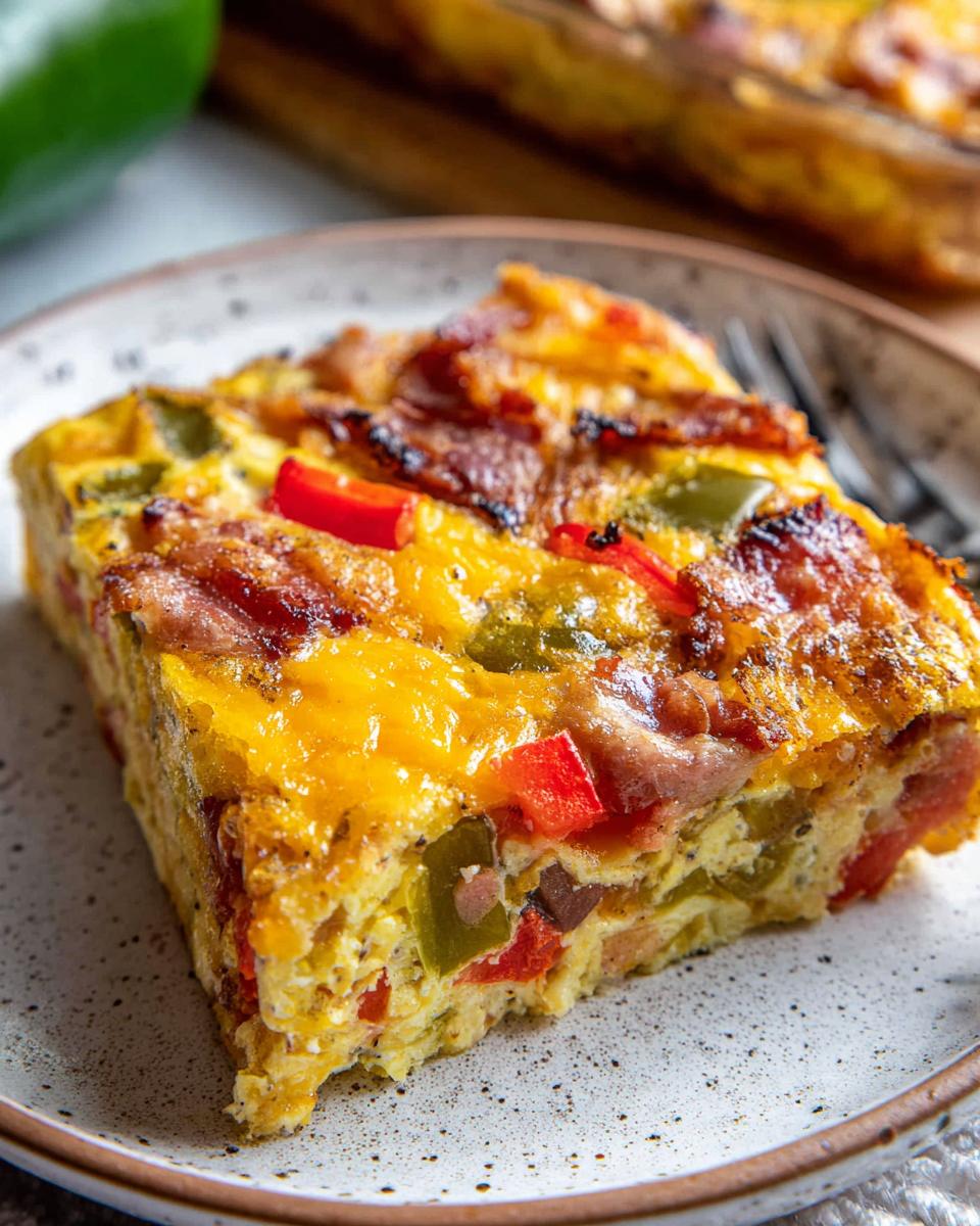 Close-up of a hearty slice of Quick Breakfast Casserole topped with melted cheese and bacon.