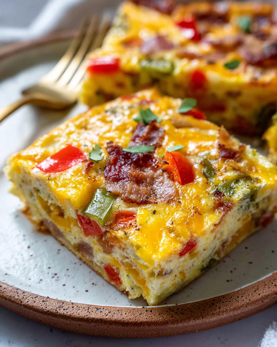 A square slice of Quick Breakfast Casserole topped with melted cheese, bacon, and colorful bell peppers on a speckled plate.