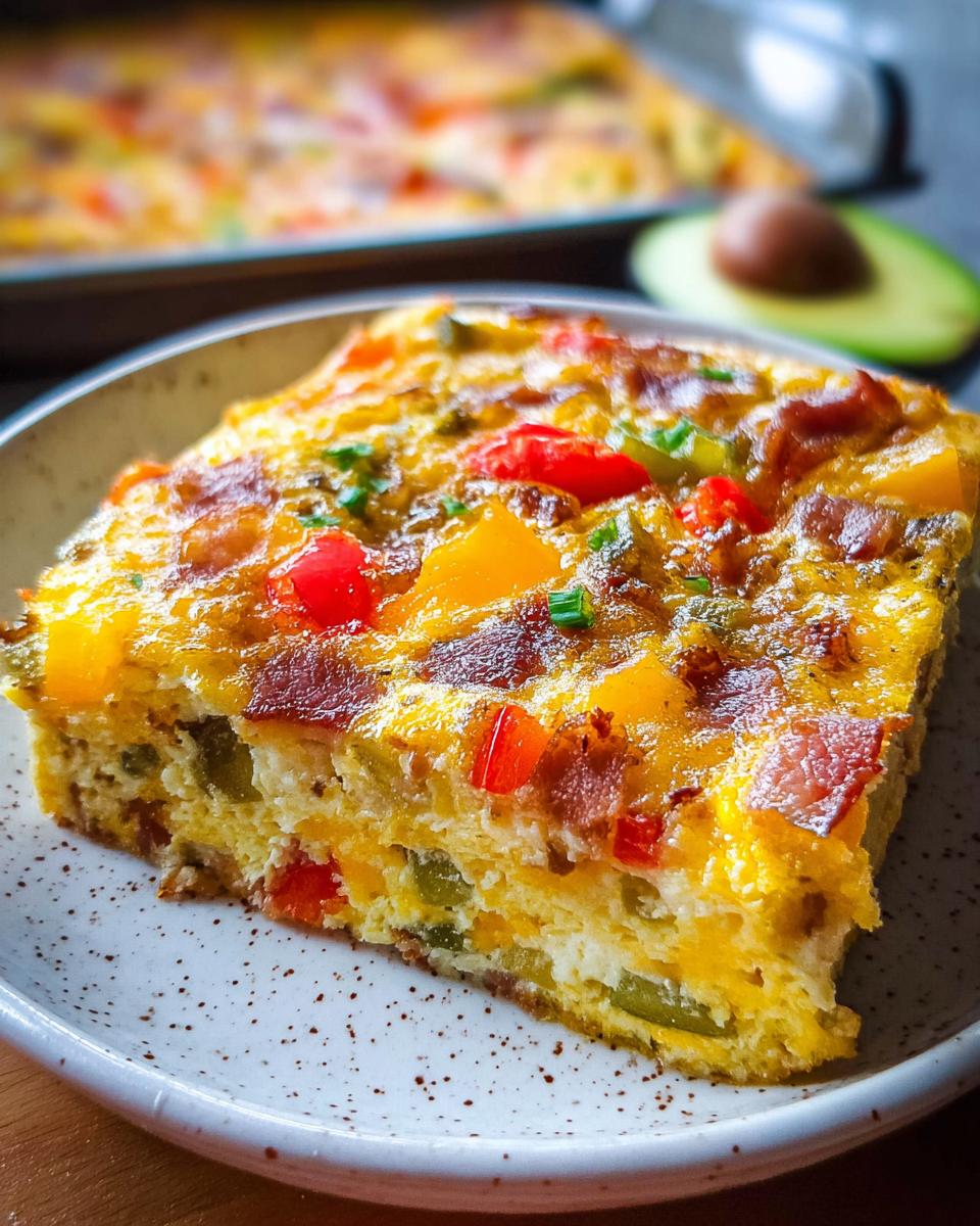 A close-up slice of Quick Breakfast Casserole in a 9x13 Pan, featuring eggs, cheese, bacon, and colorful peppers.