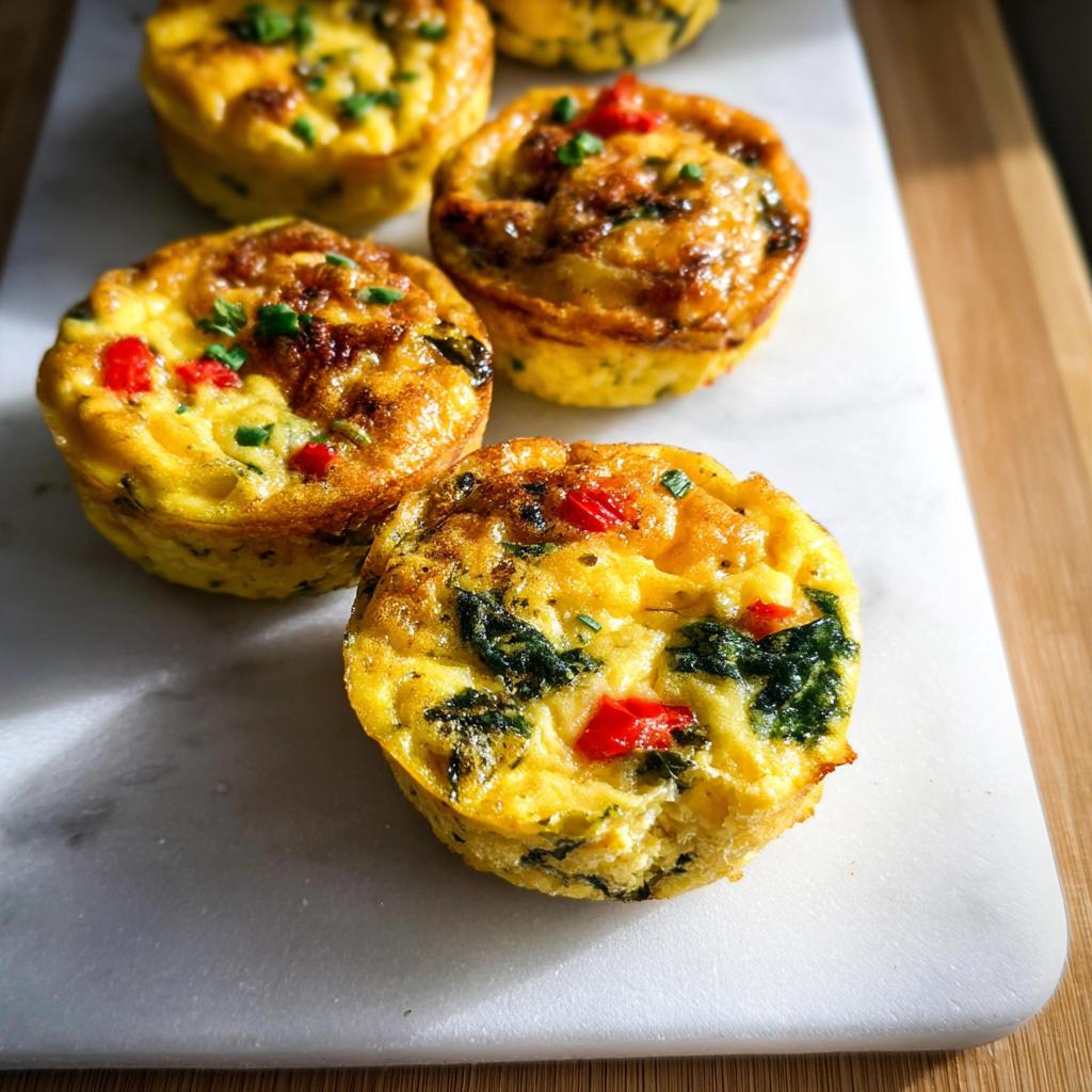 Close-up of several golden-brown Breakfast Meal Prep Egg Cups filled with spinach and red pepper.