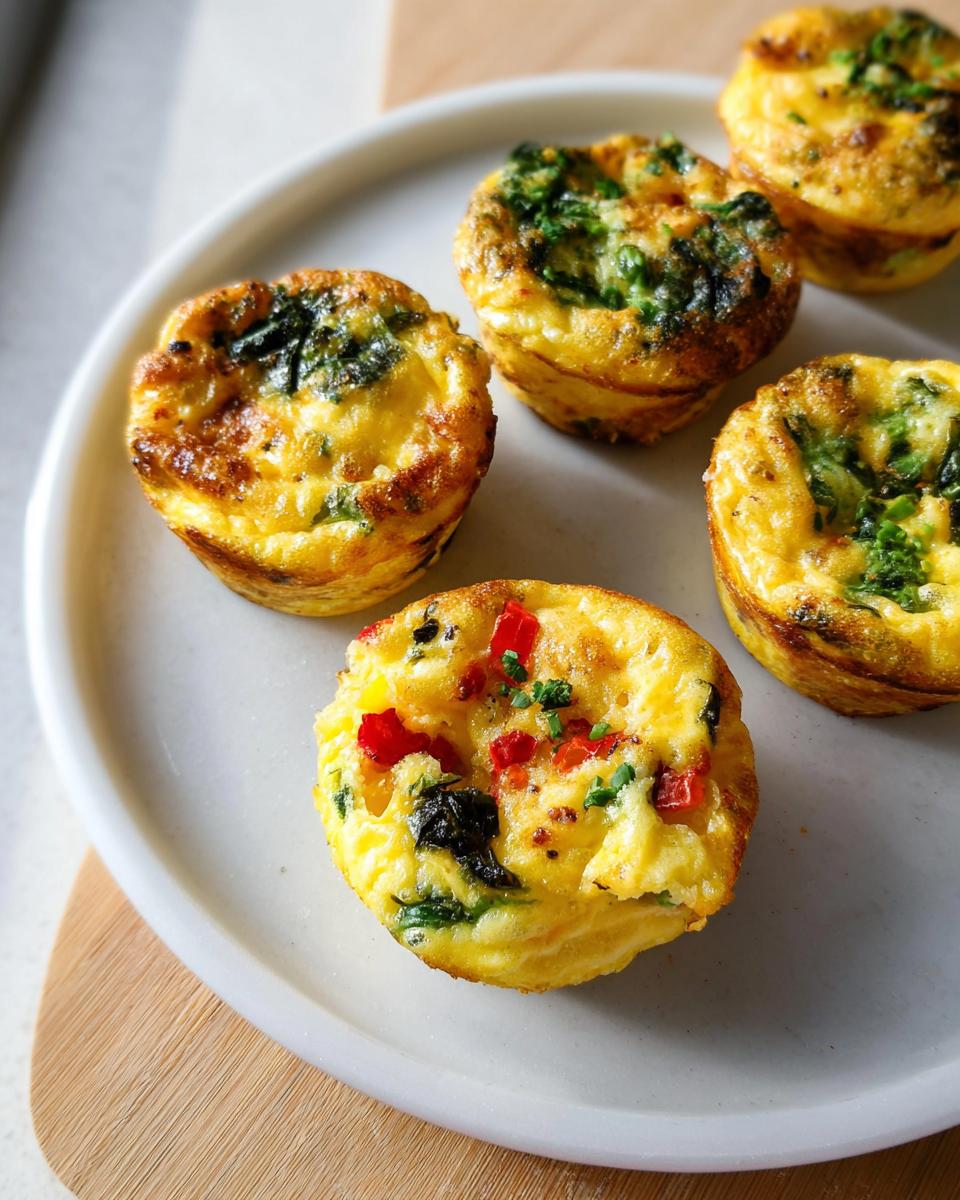 Five freshly baked Breakfast Meal Prep Egg Cups with spinach and peppers on a light gray plate.