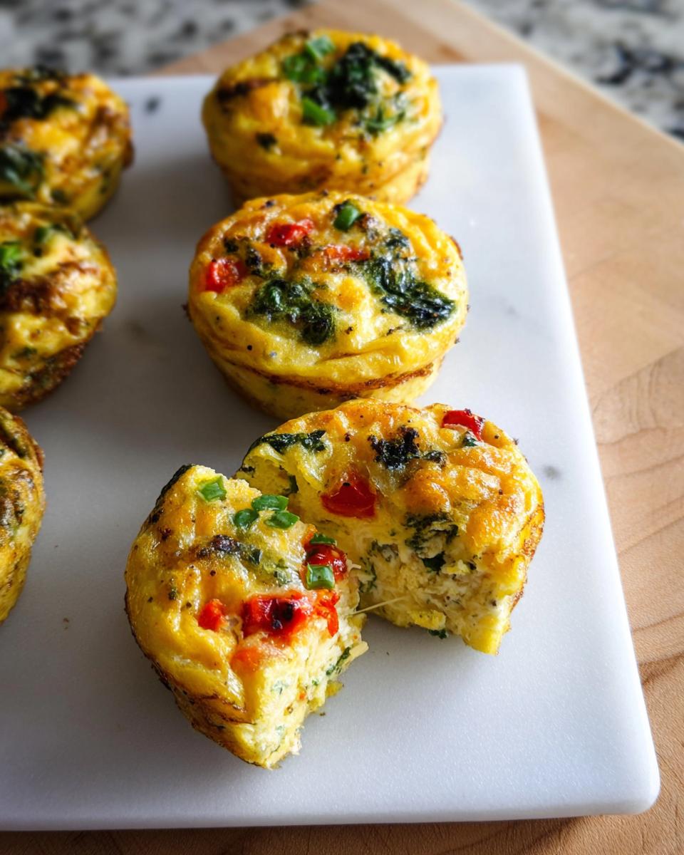 Close-up of several Breakfast Meal Prep Egg Cups, one broken open showing eggs, spinach, and red pepper.