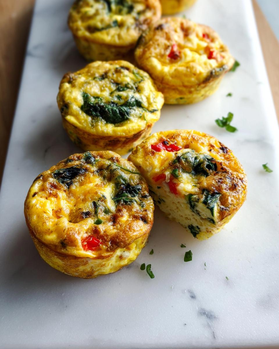 Several golden-brown Breakfast Meal Prep Egg Cups filled with spinach and red peppers on a white marble surface.