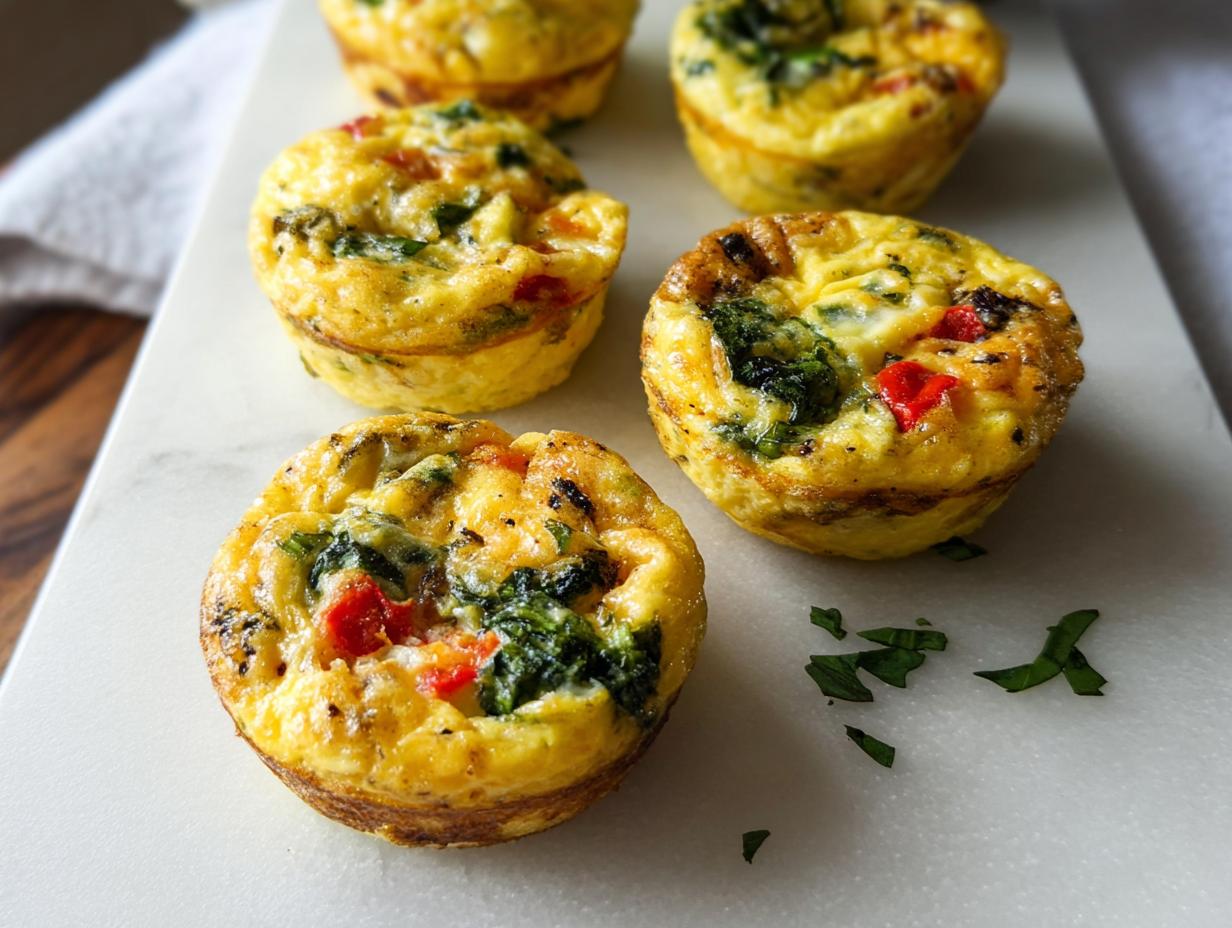 Five baked Breakfast Meal Prep Egg Cups filled with spinach and red peppers on a white marble surface.