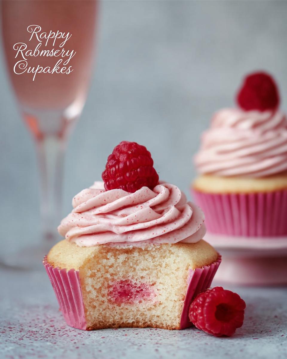 A close-up of a Raspberry Champagne Cupcakes with a bite taken out, showing the filling, topped with pink frosting and a fresh raspberry.