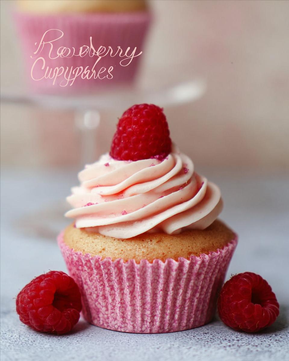 A single Raspberry Champagne Cupcakes topped with pink frosting and a fresh raspberry.
