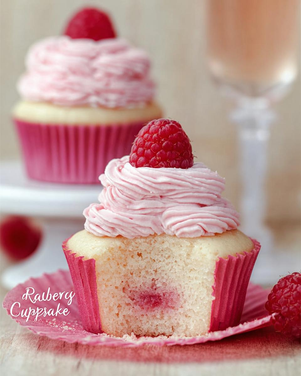 A close-up of a Raspberry Champagne Cupcakes, cut in half to show the raspberry filling, topped with pink frosting and a fresh raspberry.